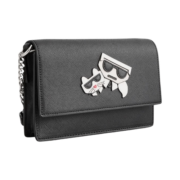 Karl Lagerfeld Kocktail Wallet On Chain Crossbody Purse Black With Cat Choupette